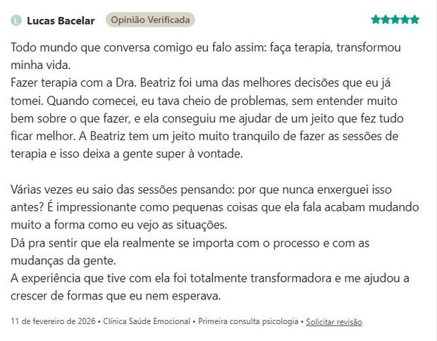 Avaliação de Lucas Bacelar sobre a Clínica Saúde Emocional na Doctoralia