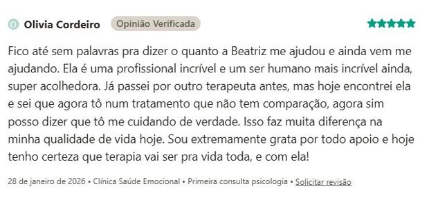 Avaliação de Olivia Cordeiro sobre a Clínica Saúde Emocional na Doctoralia