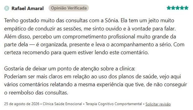 Avaliação de Rafael Amaral sobre a Clínica Saúde Emocional na Doctoralia