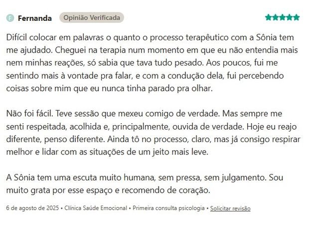 Avaliação de Fernanda sobre a Clínica Saúde Emocional na Doctoralia