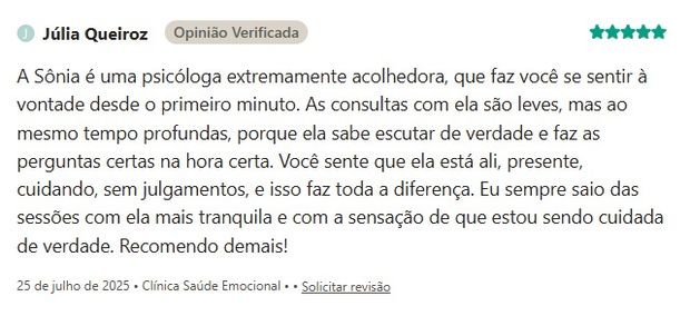 Avaliação de Júlia Queiroz sobre a Clínica Saúde Emocional na Doctoralia