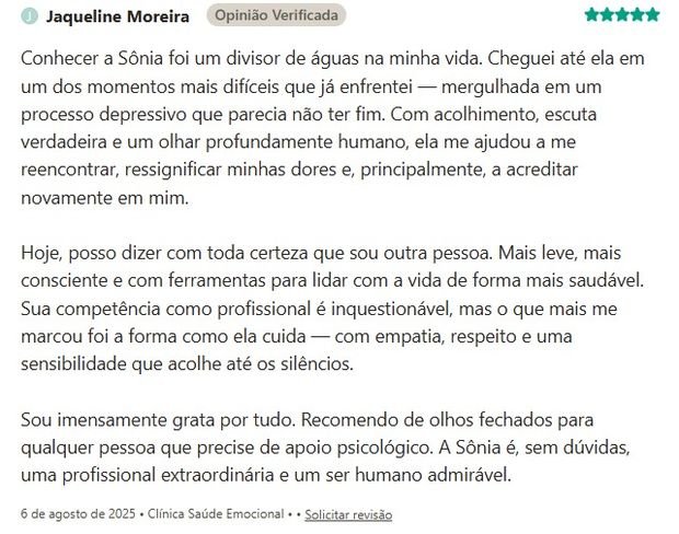 Avaliação de Jaqueline Moreira sobre a Clínica Saúde Emocional na Doctoralia