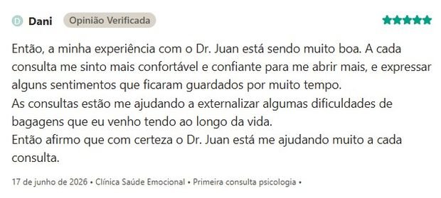 Avaliação de Dani sobre a Clínica Saúde Emocional na Doctoralia