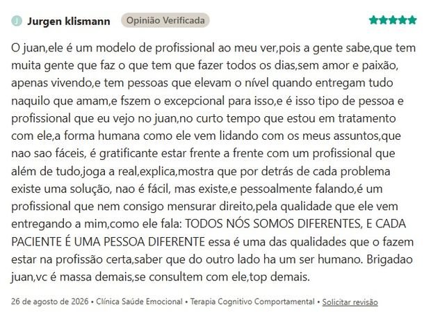 Avaliação de Jurgen Klismann sobre a Clínica Saúde Emocional na Doctoralia