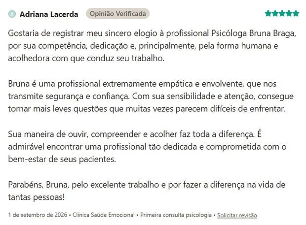 Avaliação de Adriana Lacerda sobre a Clínica Saúde Emocional na Doctoralia