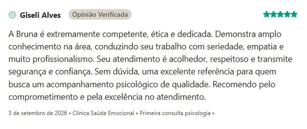 Avaliação de Giseli Alves sobre a Clínica Saúde Emocional na Doctoralia