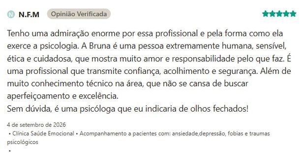 Avaliação de N.F.M sobre a Clínica Saúde Emocional na Doctoralia